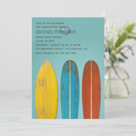 Rustic Retro Surfer met thema Afstuderen partij Kaart (Staand voorkant)