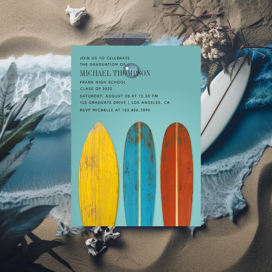 Rustic Retro Surfer met thema Afstuderen partij Kaart
