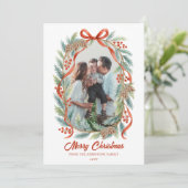 Rustic Ribbon Evergreen Photo Christmas Holiday Feestdagenkaart (Staand voorkant)