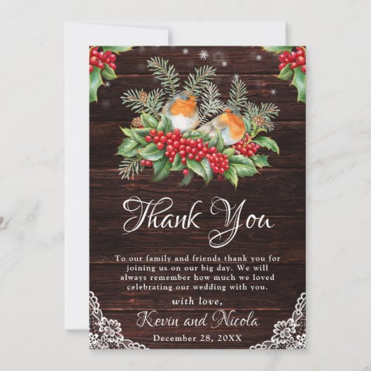 Rustic Robins & Holly Winter Foliage Wedding Bedankkaart (Voorkant)