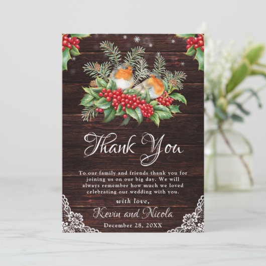 Rustic Robins & Holly Winter Foliage Wedding Bedankkaart (Staand voorkant)