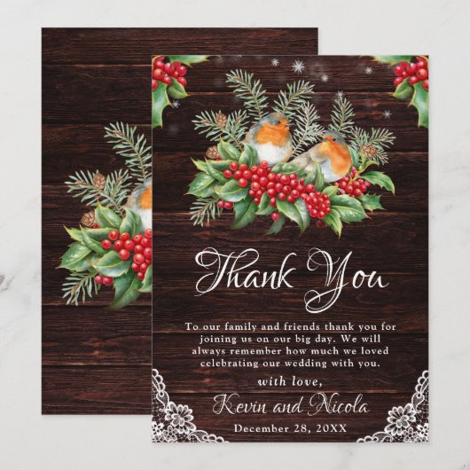 Rustic Robins & Holly Winter Foliage Wedding Bedankkaart (Voorkant / Achterkant)
