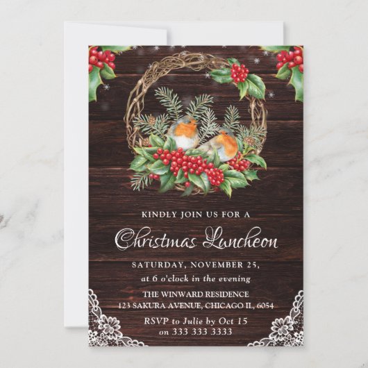 Rustic Robins & Holly Wreath Kerstlunch Kaart (Voorkant)