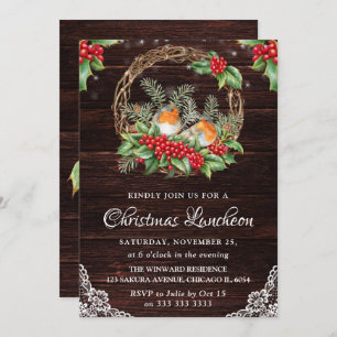 Rustic Robins & Holly Wreath Kerstlunch Kaart