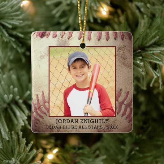 Rustic Robuuste honkbal 1 of 2 Foto gepersonalisee Keramisch Ornament (Boom)