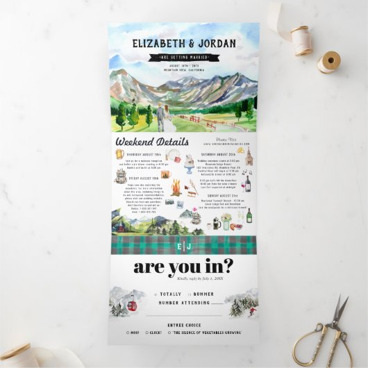 Rustic Rocky Mountain | Illustratief huwelijk Drieluik Uitnodiging (Binnen)