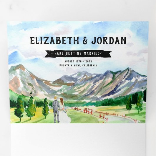 Rustic Rocky Mountain | Illustratief huwelijk Drieluik Uitnodiging (Binnenzijde eerst)