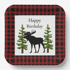 Rustic Rode Buffalo Plaid met Eland Verjaardag  Papieren Bordje