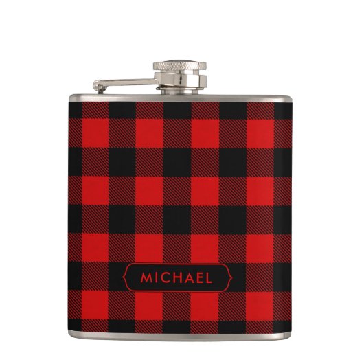 Rustic Rode Buffalo Plaid met Naam Heupfles (Voorkant)