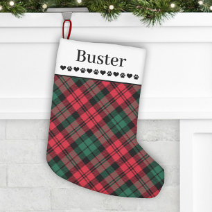 Rustic rode en groene geruite hondennnaam kleine kerstsok