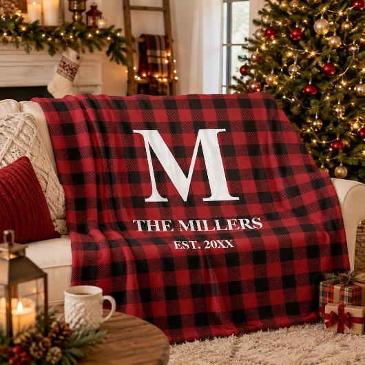 Rustic Rode en Zwarte Buffalo Plaid Monogram Fleece Deken
