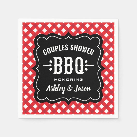 Rustic Rode Gingham BBQ Koppel Bruiloft Servetten (Voorkant)