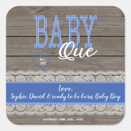 Rustic Rode Gingham Houten Jongens Baby Shower BBQ Vierkante Sticker