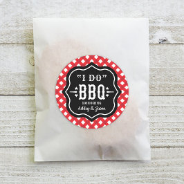 Rustic Rode Gingham Ik Doe BBQ Bruiloft Ronde Sticker