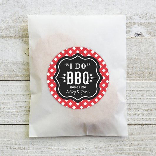 Rustic Rode Gingham Ik Doe BBQ Bruiloft Ronde Sticker