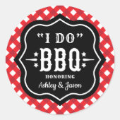 Rustic Rode Gingham Ik Doe BBQ Bruiloft Ronde Sticker (Voorkant)