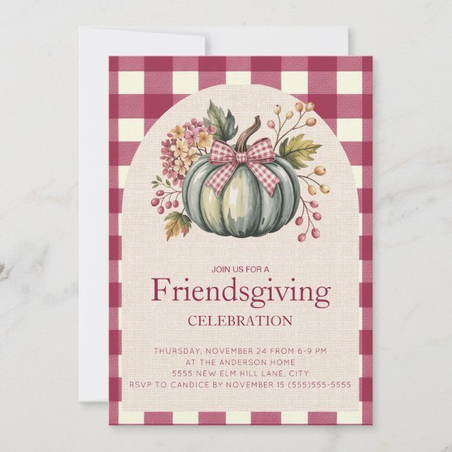 Rustic Rode Gingham Theekleurige Pompoen Vriendend (Voorkant)