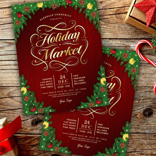 Rustic Rode & Goud Kerstvakantie Markt Evenement Flyer