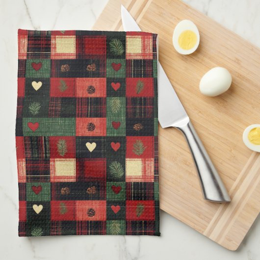 Rustic Rode Groen Geruite Harten Kerst Vakantie Theedoek (Quarter Fold)