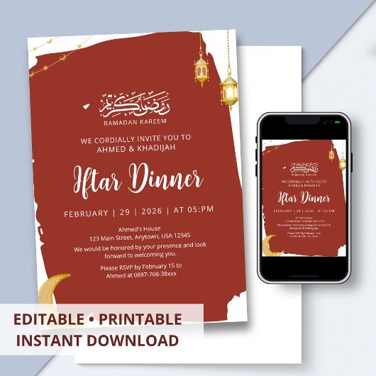 Rustic Rode Halve Maan Ramadan Iftar Kaart