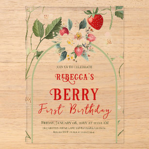 Rustic Rode Strawberry Thema Bes eerste verjaardag Acryl Uitnodigingen