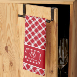 Rustic Rode & Witte Boerderij Custom Monogram Theedoek