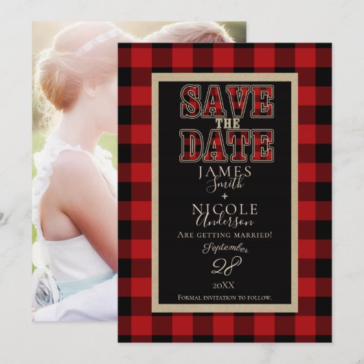 Rustic Rode Zwart Buffalo Plaid Foto Save the Date Kaart (Voorkant / Achterkant)