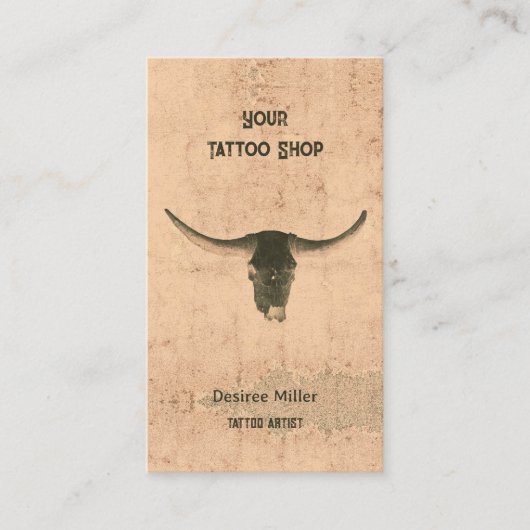 Rustic Rodeo Beige Brown Tattoo Shop Bull Skull Visitekaartje (Voorkant)