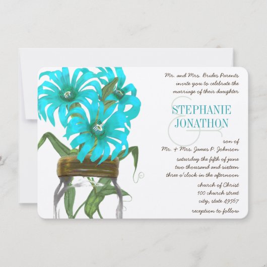 Rustic Romantic Aqua Mason Jar Wild Flower Wedding Kaart (Voorkant)