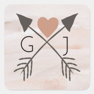 Rustic Romantic Arrow en Heart Wedding Sicker Vierkante Sticker