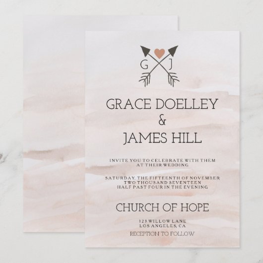 Rustic Romantic Arrows and Heart Wedding Invitatio Kaart (Voorkant / Achterkant)
