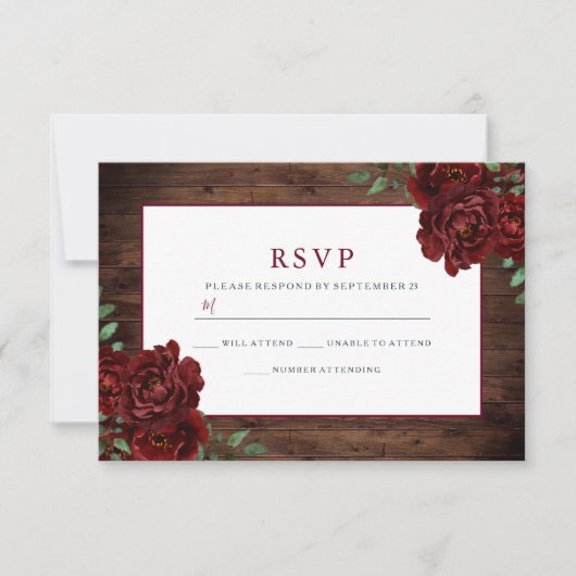 Rustic Romantic Burgundy Roos Wedding RSVP Kaartje (Voorkant)
