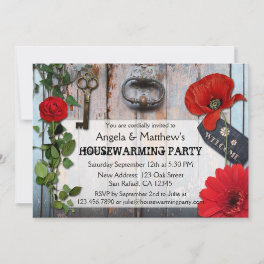 Rustic Romantic Floral Wood Housewarming Invite Kaart (Voorkant)
