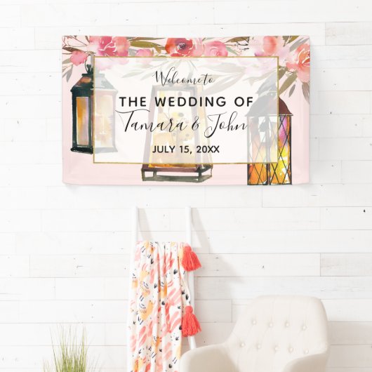 Rustic Romantic Lantern Roos Gold Wedding Spandoek (Insitu)