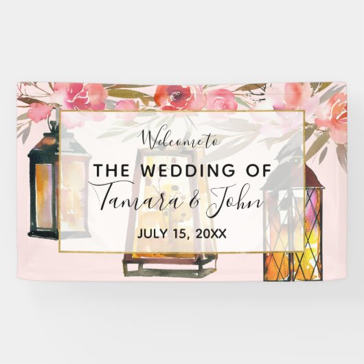 Rustic Romantic Lantern Roos Gold Wedding Spandoek (Horizontaal)