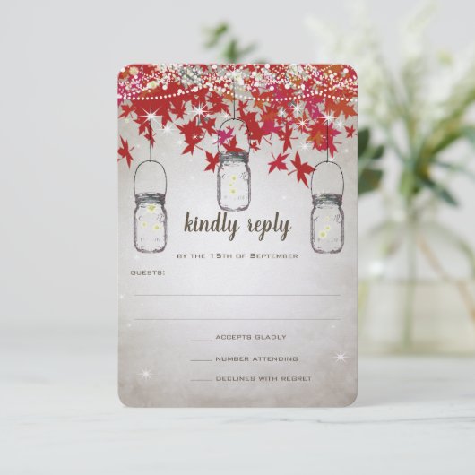 Rustic Romantic Mason Jar Red en Silver Herfst Lea RSVP Kaartje (Staand voorkant)