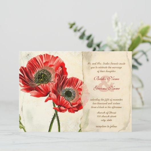 Rustic Romantic Red Poppy Wedding Kaart (Staand voorkant)