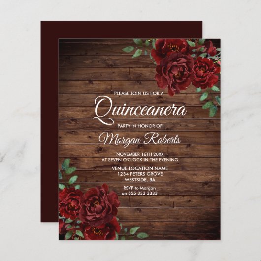 Rustic Romantic Red Rose Quinceanera Budget Invite (Voorkant / Achterkant)