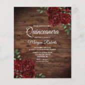 Rustic Romantic Red Rose Quinceanera Budget Invite (Voorkant)