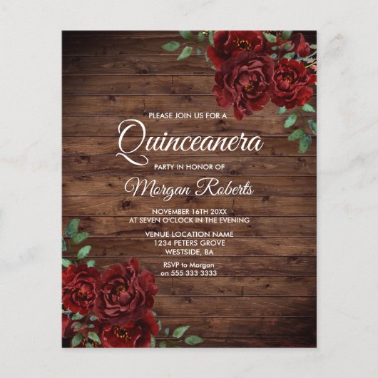 Rustic Romantic Red Rose Quinceanera Budget Invite (Voorkant)