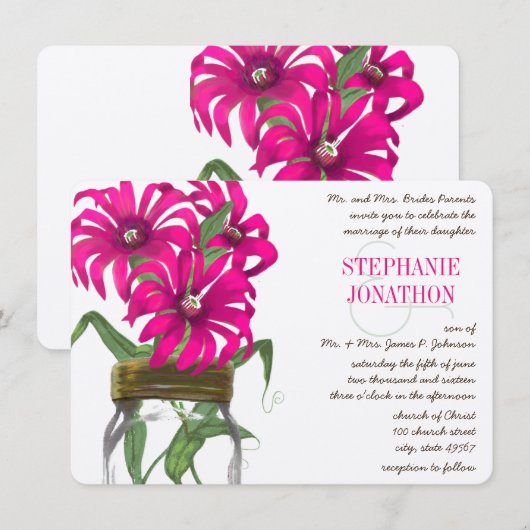 Rustic Romantic roze Mason Jar Wild Flower Wedding Kaart (Voorkant / Achterkant)