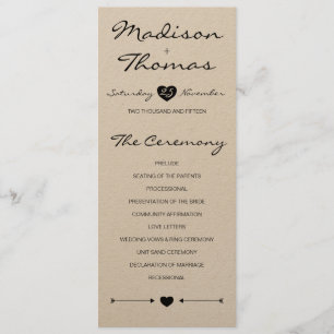 Rustic Romantic Wedding Programme on kraft paper Programmakaart