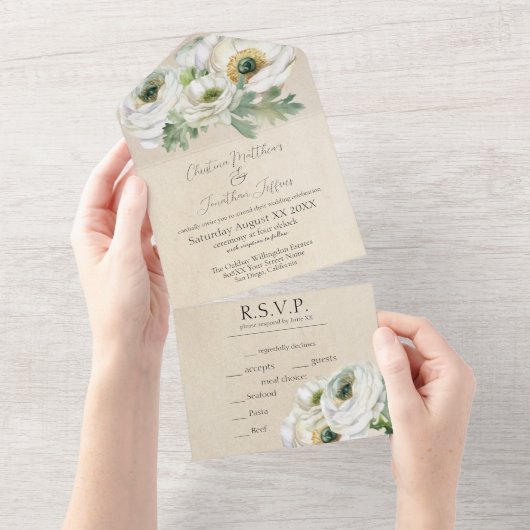 Rustic Romantic White Ranunculus All In One Uitnodiging (Afscheurbaar)