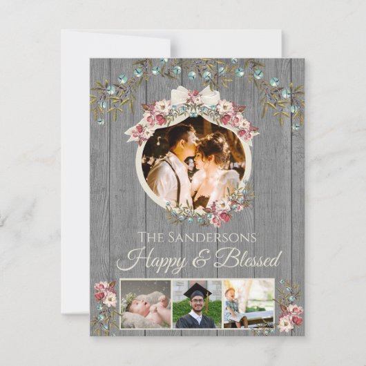 Rustic Romantische 4 Foto Vakantie | Kerstkaart (Voorkant)