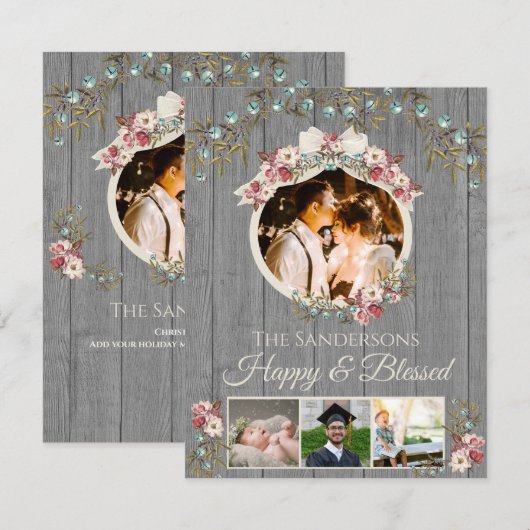 Rustic Romantische 4 Foto Vakantie | Kerstkaart (Voorkant / Achterkant)