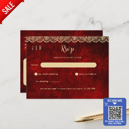 Rustic Rood Gouden Kant Bruiloft RSVP Voor Bijpass Briefkaart