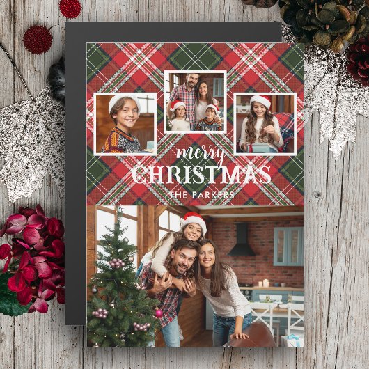 Rustic Rood/Groen Geruit Prettig Kerstmis 4-Foto