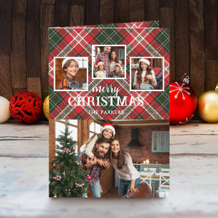 Rustic Rood/Groen Geruit Prettig Kerstmis 4-Foto Feestdagen Kaart