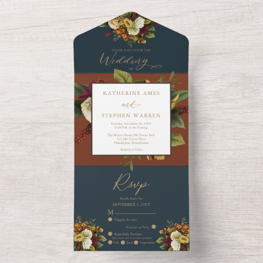 Rustic Rood | Oranje Bloemen Boeket Teal Bruiloft All In One Uitnodiging (Binnen)