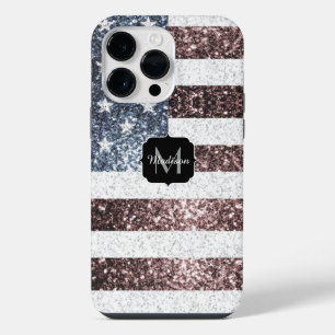 Rustic Rood Wit Blauw Glitters VS vlag Monogram iPhone 14 Pro Max Hoesje